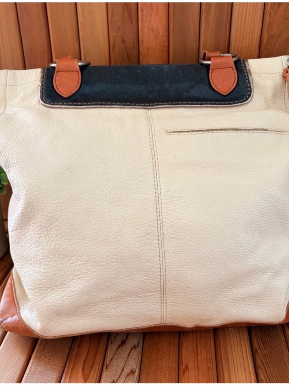 The Sak Colorblock Leather Tote Shoulder Bag Cream Brown Navy Work - Picture 5 of 10